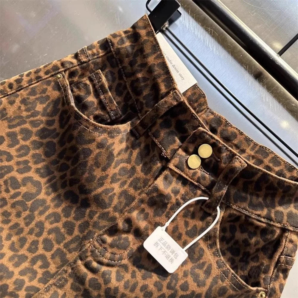 2026 Leopard Print High Waist Denim Shorts Women's New Irregular Fashion Wide-leg Pants Booty Shorts Jeans Mini Shorts Summer
