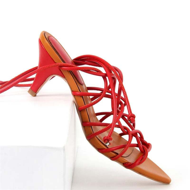 Women Pointed Toe Gladiator Kitten Heel Lace Up Strappy Sandals High Heel Party Heels