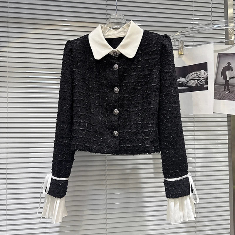 2026 Autumn New Fashion Style Contrast Color Collar Tie Sleeve Short Jacket For Women Shorts Tweed Shorts Female 11A06638