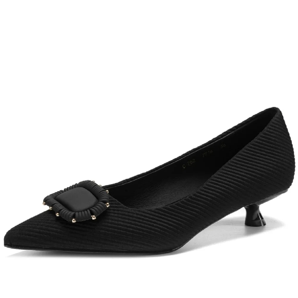 Handmade Comfortable French Pointed Toe Mid Heels Women's New Square Buckle Slip-On Shoes Commuting Shoes 34-40
