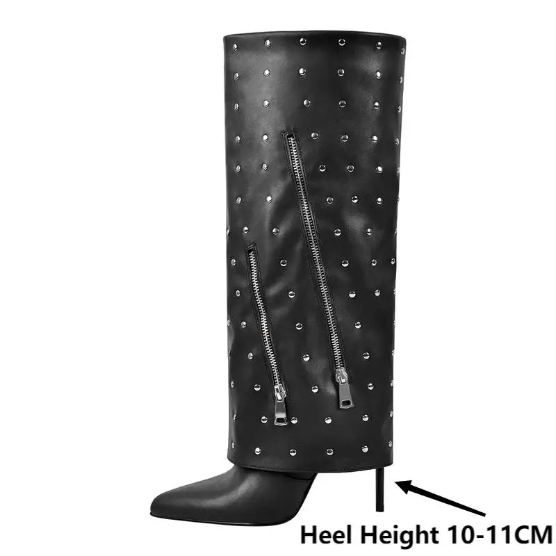 Women Pointed Toe Fold Over Mid-Calf Trouser Tube Slip-On Boots Classic  Pointed Toe Thin High Heels Boots