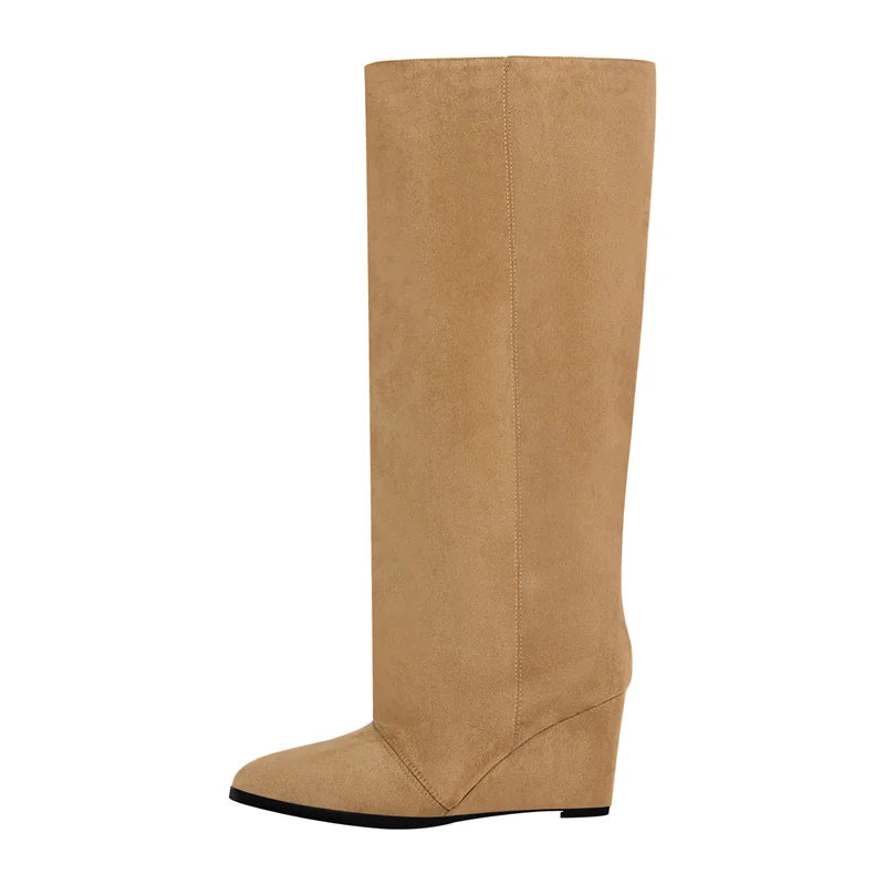 Onlymaker Woman Pointed Toe Wedge Heel Knee High Boots Winter Fashion Pull-On Handmade Boots