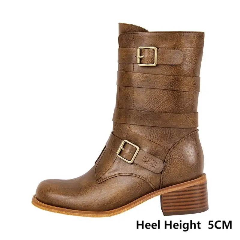 Women Round Toe Mid-Calf Boot Matte Brown Thick Heels Zipper Winter Big Size Buckle Boots