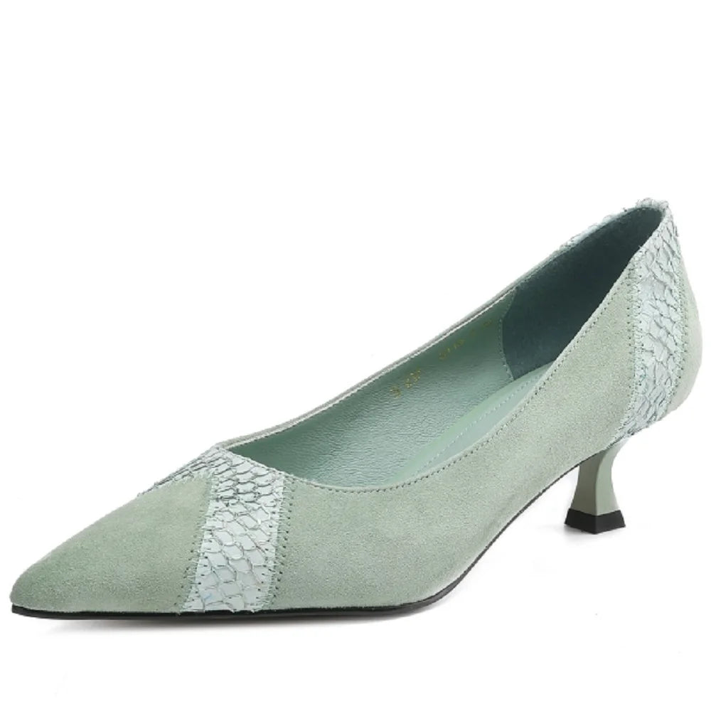 New Handmade Brand Genuine Leather Mixed color combinations Style Women's Pointed Shallow Mid Heels Sole 34-40