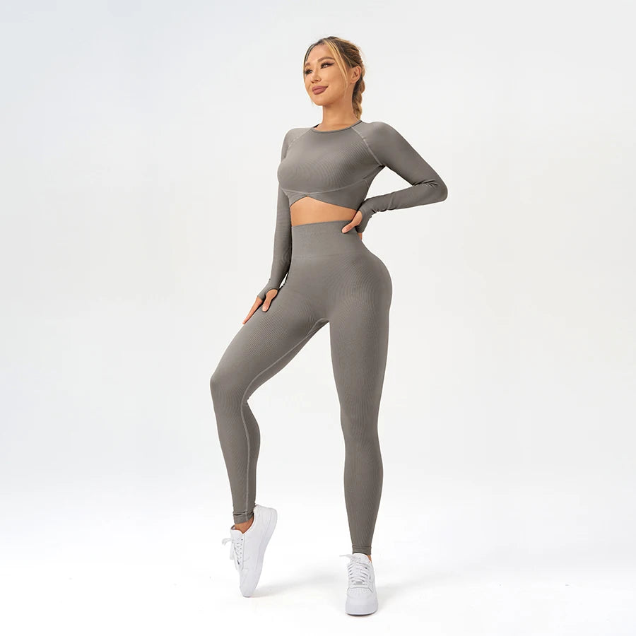 2 pcs/set Long Sleeve Yoga Leggings Set Sportswear Woman Gym Seamless Workout Outfit Yoga Clothes Womens Tracksuit Activewear