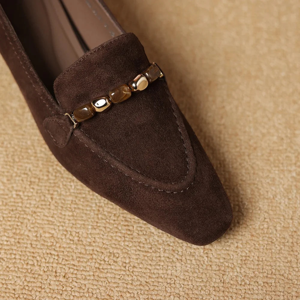 Women Handmade Suede Round Toe Vintage Metal Decoration Solid Color Casual Mid Hells Shoes Female 34-40
