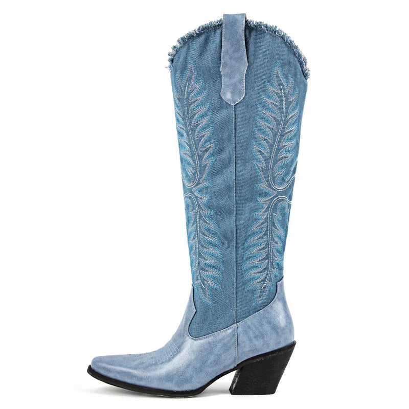 Onlymaker Pointed Toe Side Zipper Embroidered Western Boots  Knee High with Chunky Heel Embroidery Canvas Cowgirl Boots