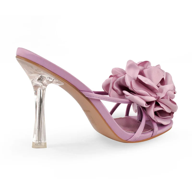 Women Open Toe Flower Mulesl Heels for Woman Slip On 10CM Metal Heel Sandals