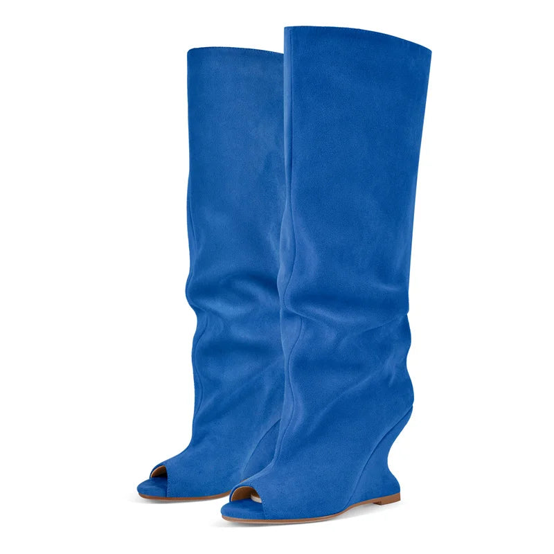 Onlymaker Women Peep Toe Wedge Flock Fashion Chunky Boots