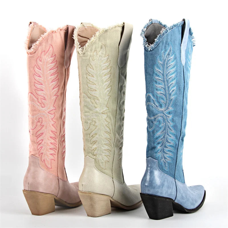 Onlymaker Pointed Toe Side Zipper Embroidered Western Boots  Knee High with Chunky Heel Embroidery Canvas Cowgirl Boots