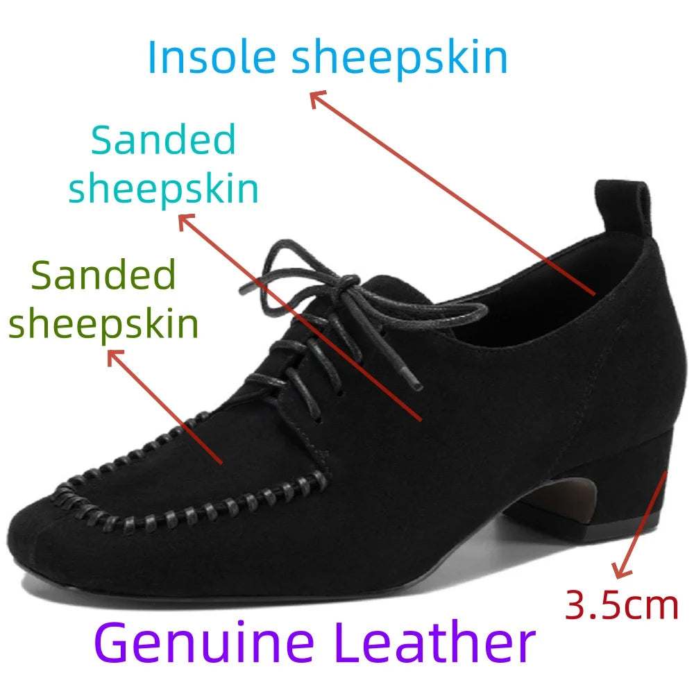 Women's natural suede leather square toe lace-up flats oxfords high quality soft comfortable casual female 34-40