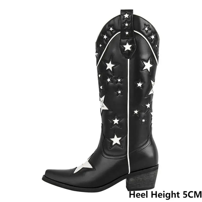 Onlymaker Women Pointed Toe Knee High Western Cowgirl Boots Comfy  Side Zipper Big Size Chunky Heel Cowboy Boots