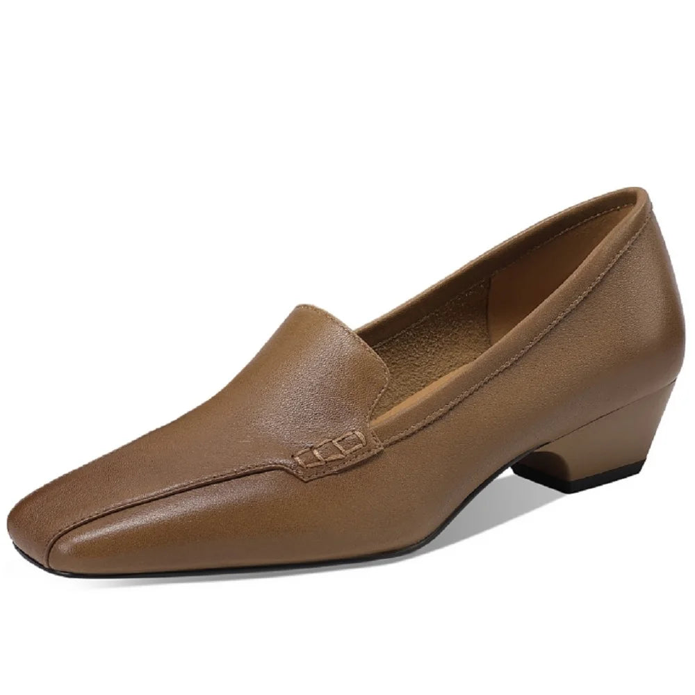 New Women Handmade Genuine Leather Soft comfortable Square Toe Med Heel Loafers Casual Mules Ladies Shoes 33-43