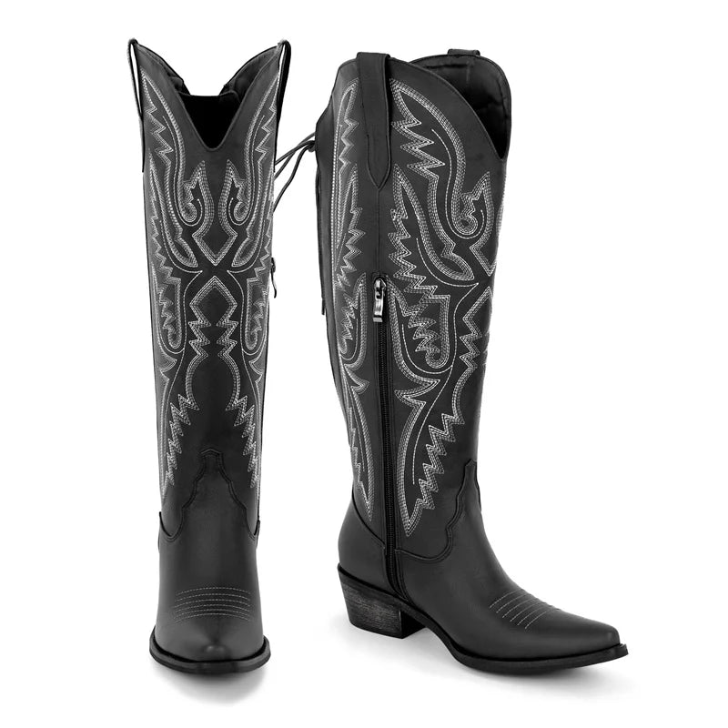 Onlymaker Women Pointed Toe Side Zipper Embroidered Western Cowboy Boots Block Heel Cowgirl Booties