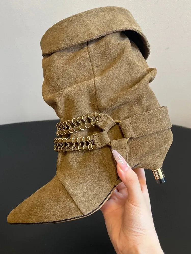 Women's Autumn and Winter New 5cm Slim Heel Fringed Calf Boots with Pointed Pleats, Women's Knight Boots, Mid Leg Boots