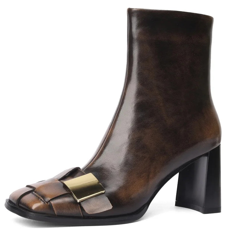 New Brand Genuine Leather Metal Decor Woman Side Zipper Ankle Boots Chunky Heel Square Toe  Luxury Designer Shoes