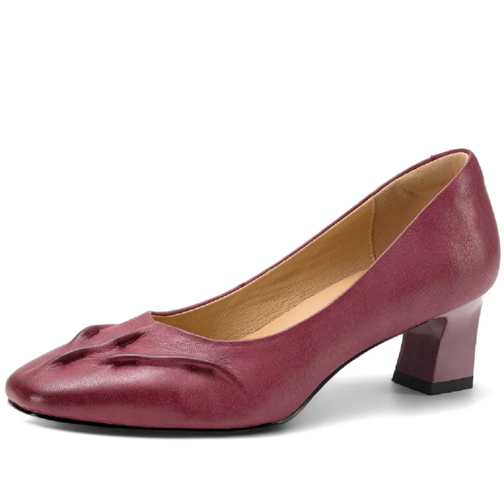 NEW Women Handmade Genuine Leather Soft and comfortable Square Toe Mid Heel Shallow Slio-on Shoes 34-40