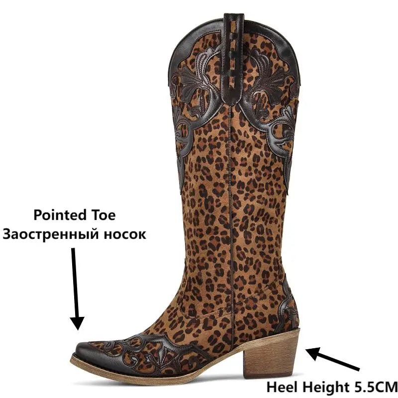 Onlymaker Women Pointed Toe Cow print Pull On Knee High Western Cowgirl Boots Chunky Heel Cowboy Boots