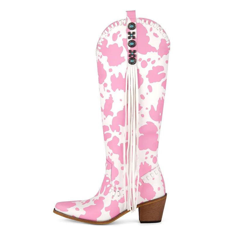 Onlymaker Women Pointed Toe Cow Print Side Zipper Knee High Western Boots Mid Calf Chunky Heel Cowgirl Western Boots