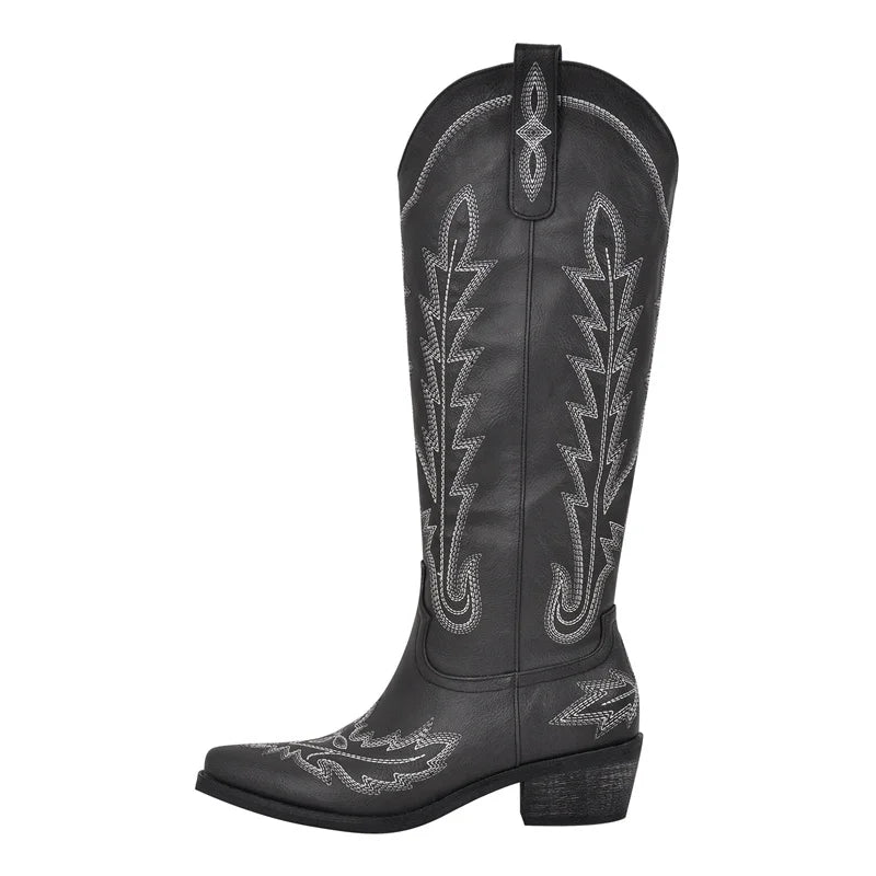Onlymaker Women Pointed Toe Side Zipper Embroidered Western Cowboy Boots Block Heel Vintage Fashion Tall Cowgirl Boots