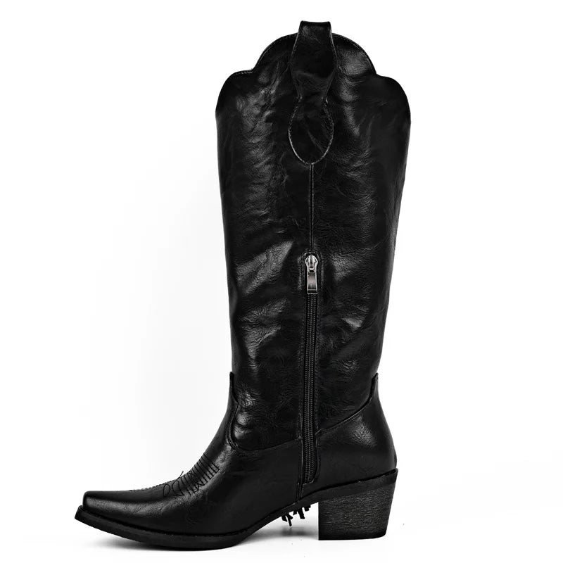 Onlymaker Women Pointed Toe Fringe  Knee High Boots Comfy Side Zipper Mid Calf Chunky Heel Embroidered Western Boots