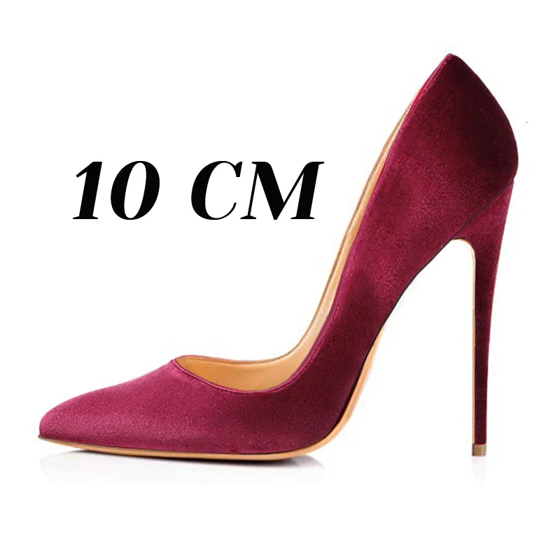Women Stilettos Pointed Toe Thin High Heel Velvet Green Female Party Slip On Burgundy Pumps Plus Size US5-US15