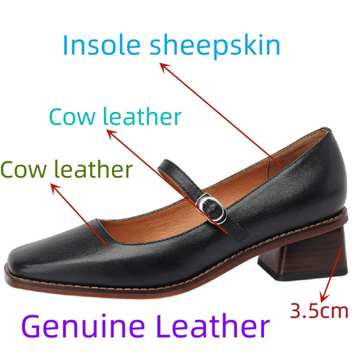 Handmade Genuine Leather Mary Jane Women's Shoes Retro Buckle Shallow Mid Heel Square Toe Zapatos De Mujer 33-41