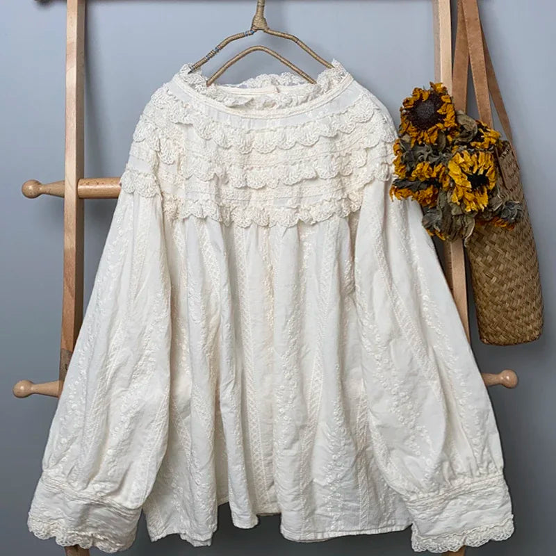 Vintage Cotton Floral Embroidery Layered Ruffled Lace Blouse Female Rococo Victorian Retro Chic Cottagecore White Shirt Tops