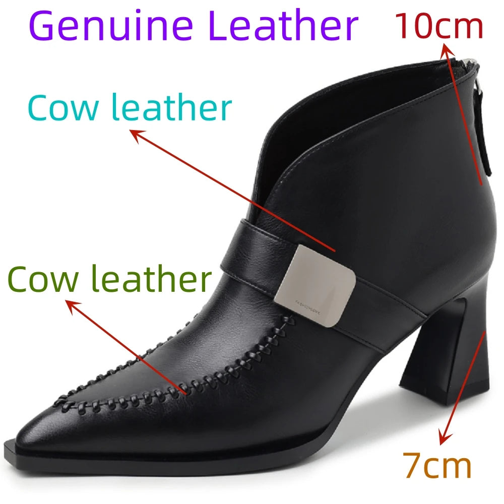 New Handmade Genuine Leather Soft and comfortable Pointed Toe Boots Chunky High Heels Shoes Ankle Boots 33-40