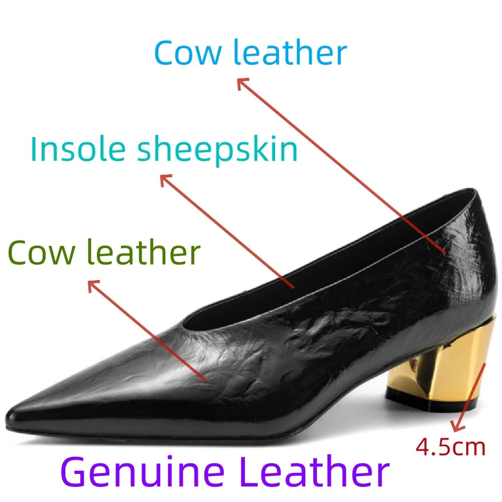 Sexy Handmade Genuine Leather New Designer Vintage Evening Shoes Ladies Pointed Toe V Cut Woman Shoes Mid Heel