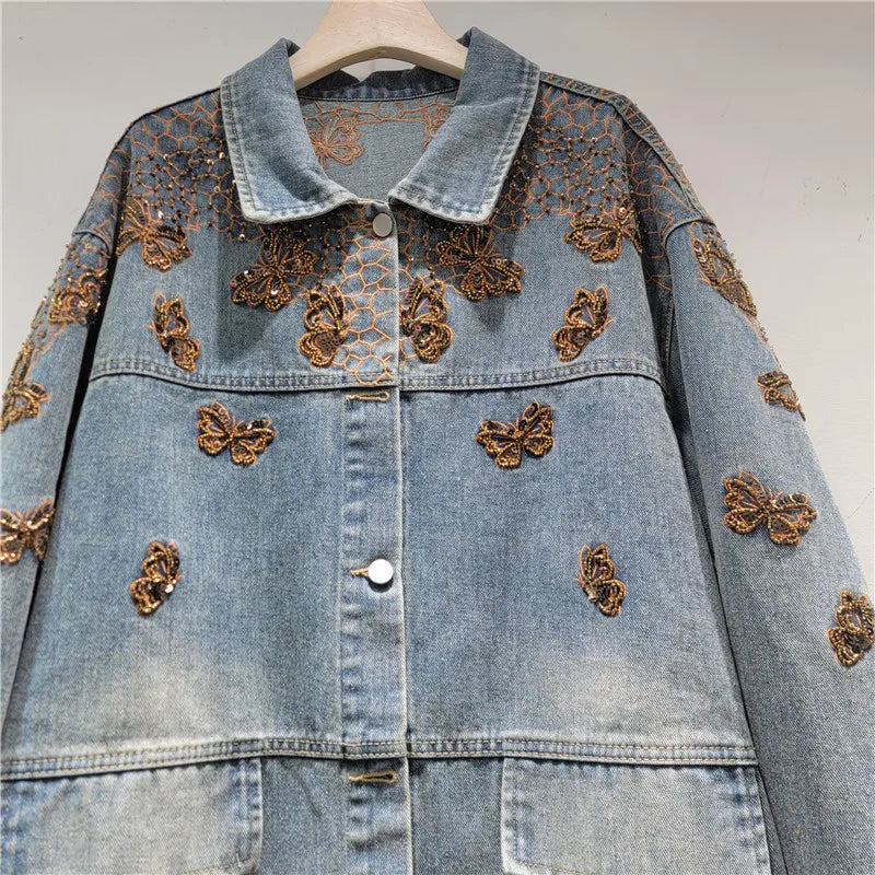 2026 Jaens Jacket Spring New Heavy Beaded Butterfly Embroidery Denim Jacket For Women Loose Single-breasted Coat Female Trendy 11A08681