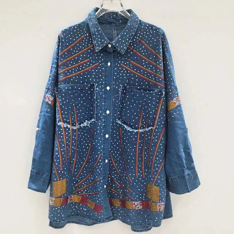 2026 Autumn New High-End Big Size Set For Women Rhinestone Denim Shirt Elastic Wasit Wide-Leg Denim Pants Trendy 11A05774