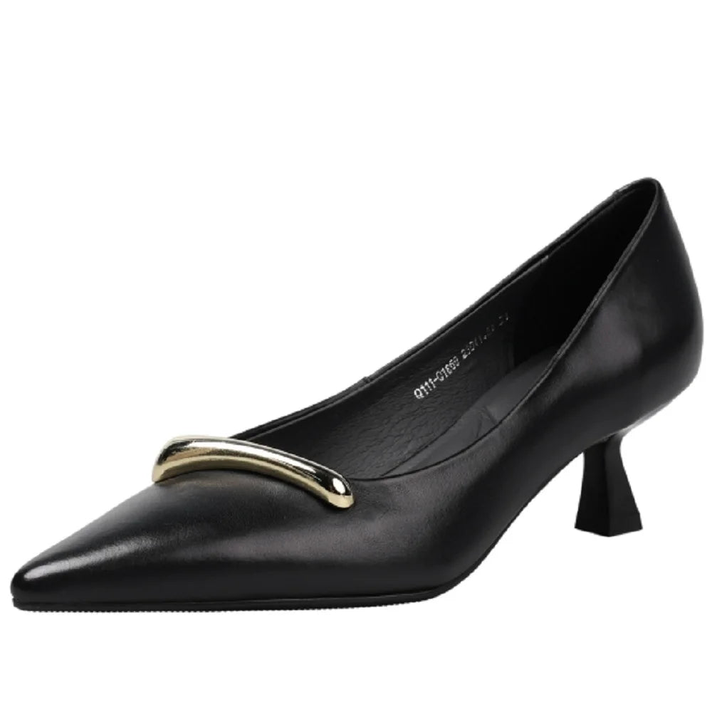 Handmade Genuine Leather Metal Buckle Pointed Toe Mid Heel Soft and comfortable Women's Version 34-40
