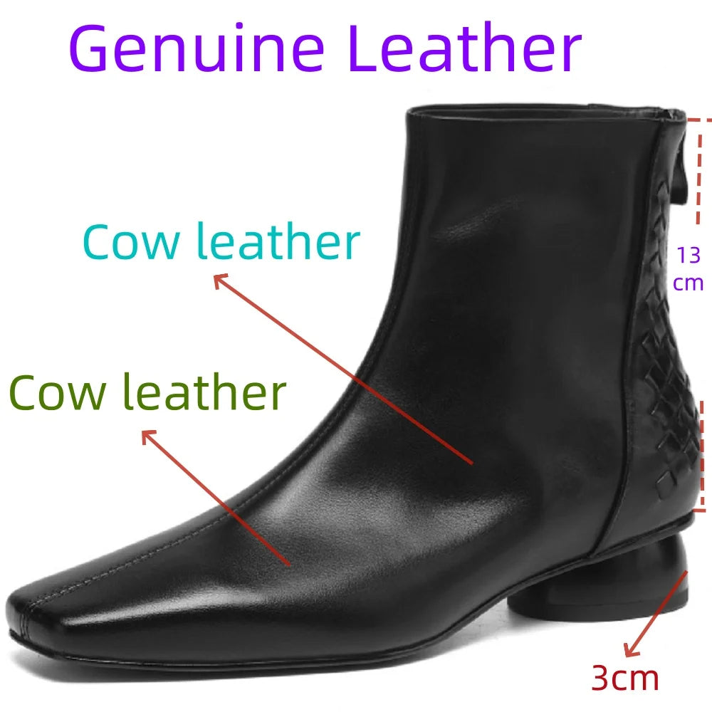 Women Handmade Genuine Leather square toe side zip ankle boot elegant ladies Mid heel daily slim dress 34-40