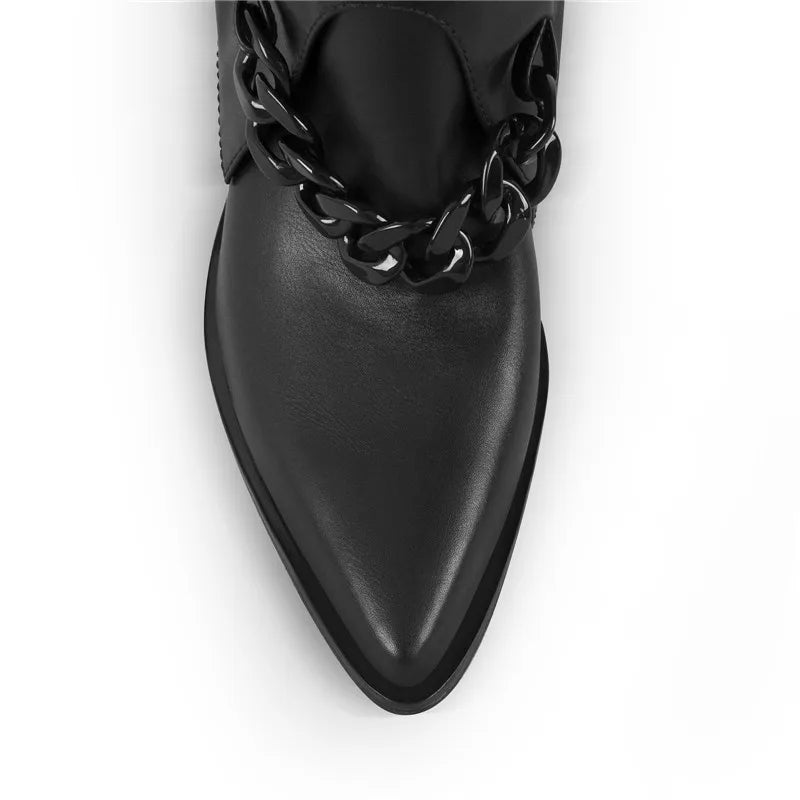 Onlymaker Woman Pointed Toe Black High Heel Fold Over Matte Boots Winter Big Size Fashion Motorcycle Boots