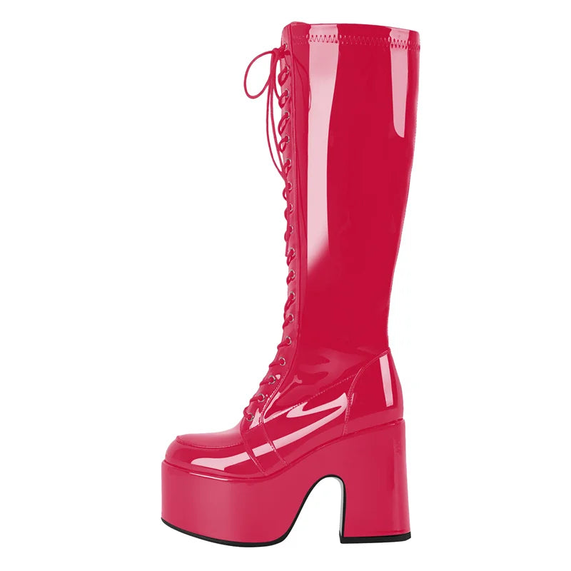Onlymaker Women Black Round Toe Platform Knee High Boots Side Zipper Fashion Chunky Heel Mid-Calf Boot Punk Boots