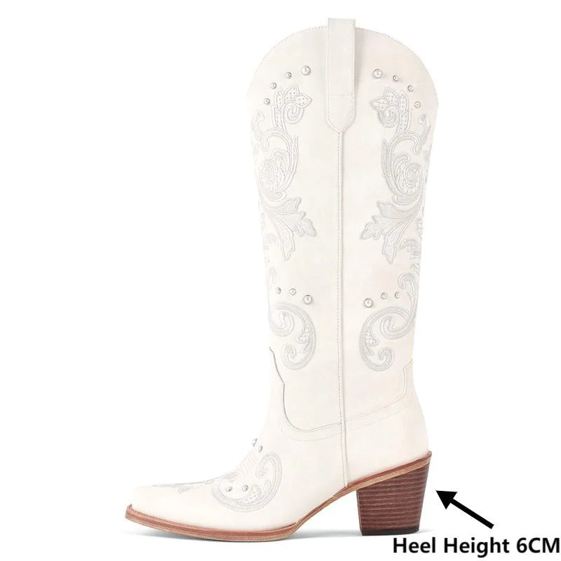 Onlymaker Women Pointed Toe White Pearl Embroidery Cowboy Boots Mid Calf Side Zipper Pearls Wedding Western Cowgirl Boots