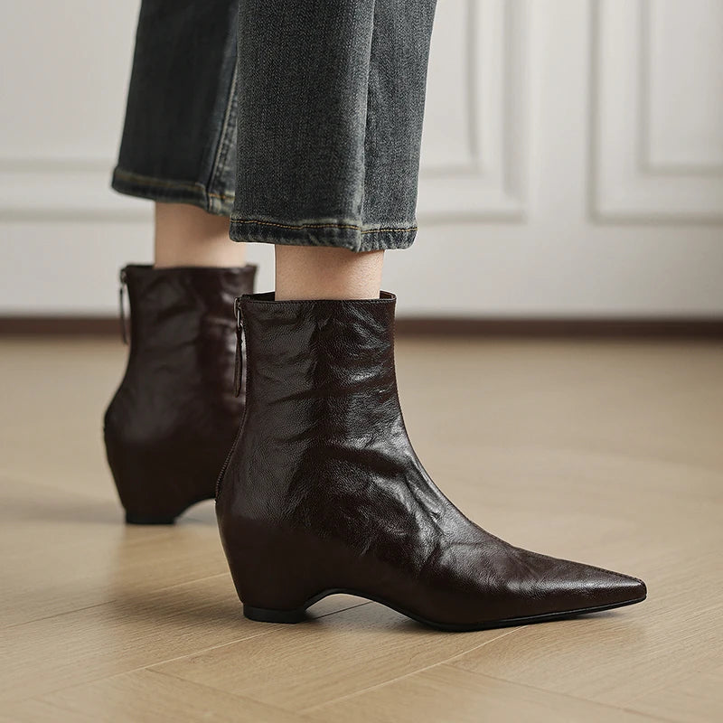 Women's Handmade Genuine Leather Short Boots Thick Heel Flat Bottom Pointed Toe Heightening Retro Boots 33-40