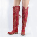Onlymaker Women Lace UP Brown Over the Knee Boots Cowboy Boots Side Zipper Western Embroidery Thigh High Boots
