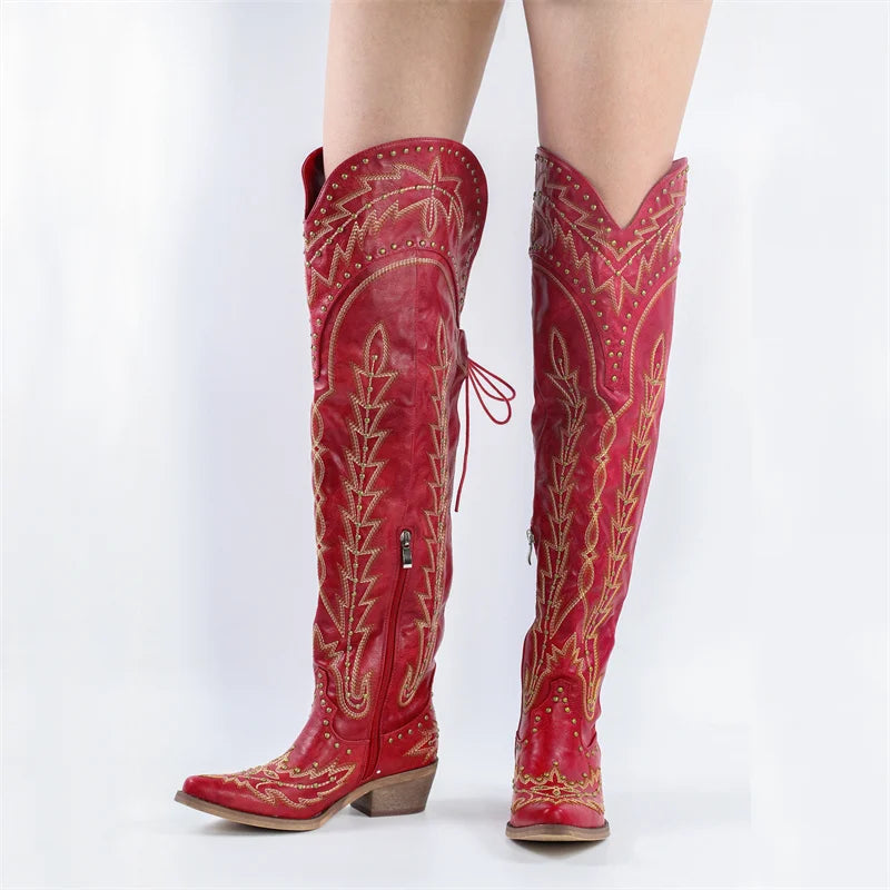 Onlymaker Women Lace UP Brown Over the Knee Boots Cowboy Boots Side Zipper Western Embroidery Thigh High Boots