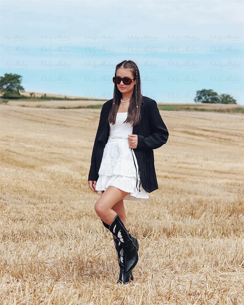 Women Black Western Boots  Butterfly Embroidery Mid-Calf Big Size Western Boots