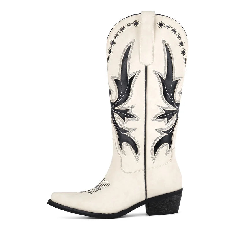 Onlymaker Women Pointed Toe Rivet Pull On Knee High Embroidery Western Cowgirl Boots Chunky Heel Embroidery Cowboy Boots