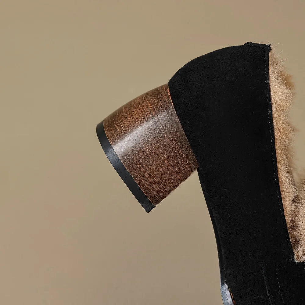 Square Crystal Buckle Women Casual Shoes Round Toe Low Heel Suede Leather Fashion and Comfort Loafers Warm Plush in