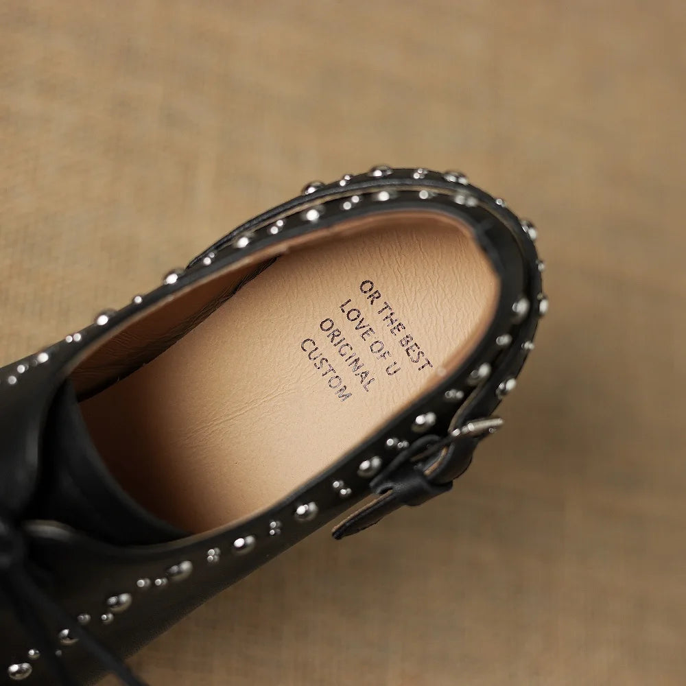 Women's Handmade Genuine Leather with Pointed Toe Mid Heel Casual Office Slip-On Dress Shoes for Girls 33-43