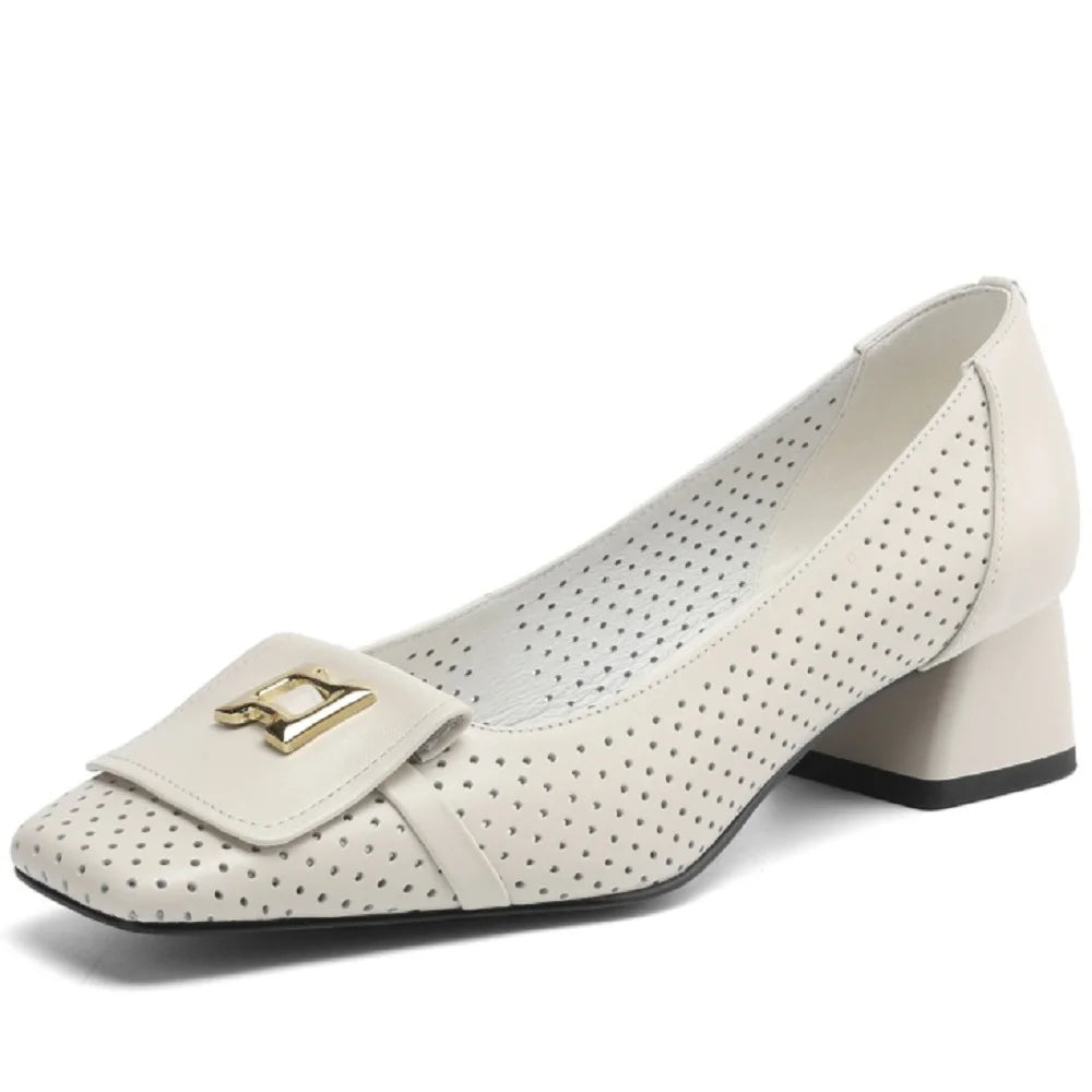 Woman Handmade Genuine Leather Square Head Solid Color Concise Single Shoes Mid Heels Shallow 34-41