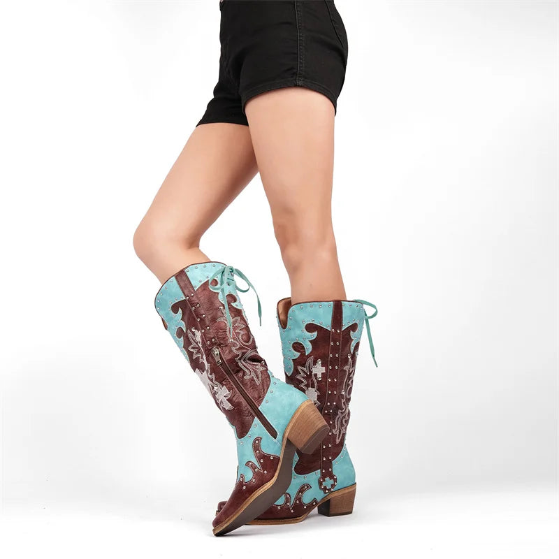 Onlymaker Women Pointed Toe Western Embroidered Studded Cowgirl Knee High Boots Lace Up Side Zipper Block Heel Mid Calf Boots