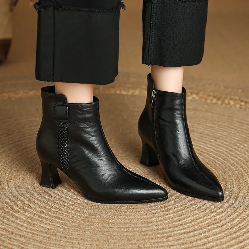 Handmade Genuine Leather Sexy Soft and comfortable Ankle Boots Women Retro Pointed Toe Chunky Short Boot