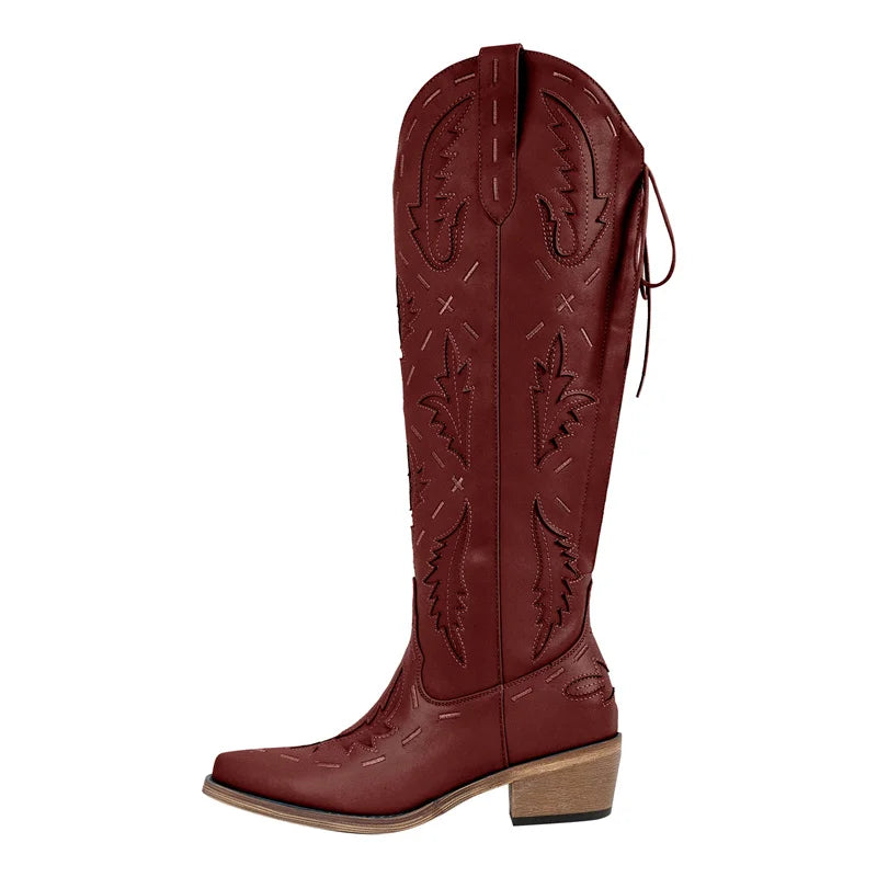 Onlymaker Women Cowgirl Boots Embroidery Lace-up Knee High Wide Calf Western Cowboy Boots