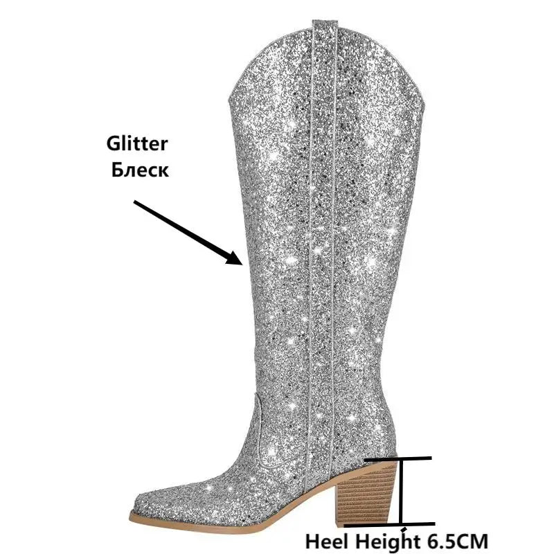 Onlymaker Woman  Pointed Toe Sliver Glitter Knee High Boots Western Cowboy Boots Bling Shiny Block  Heel Handmade Lady Boots