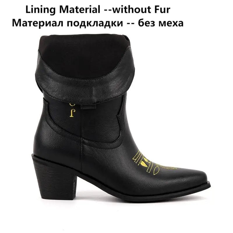 Women Matte Black Pointed Toe Joker Embroidery Mid-Calf Western Boots  Big Size Block Heel Cowboy Boots